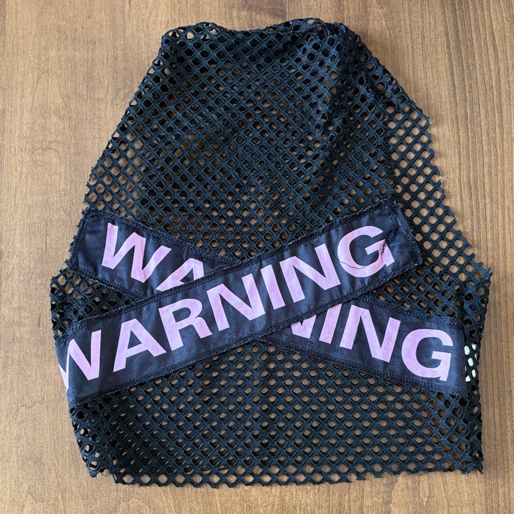 SHEIN Black Mesh Crop Top with Pink Warning Print